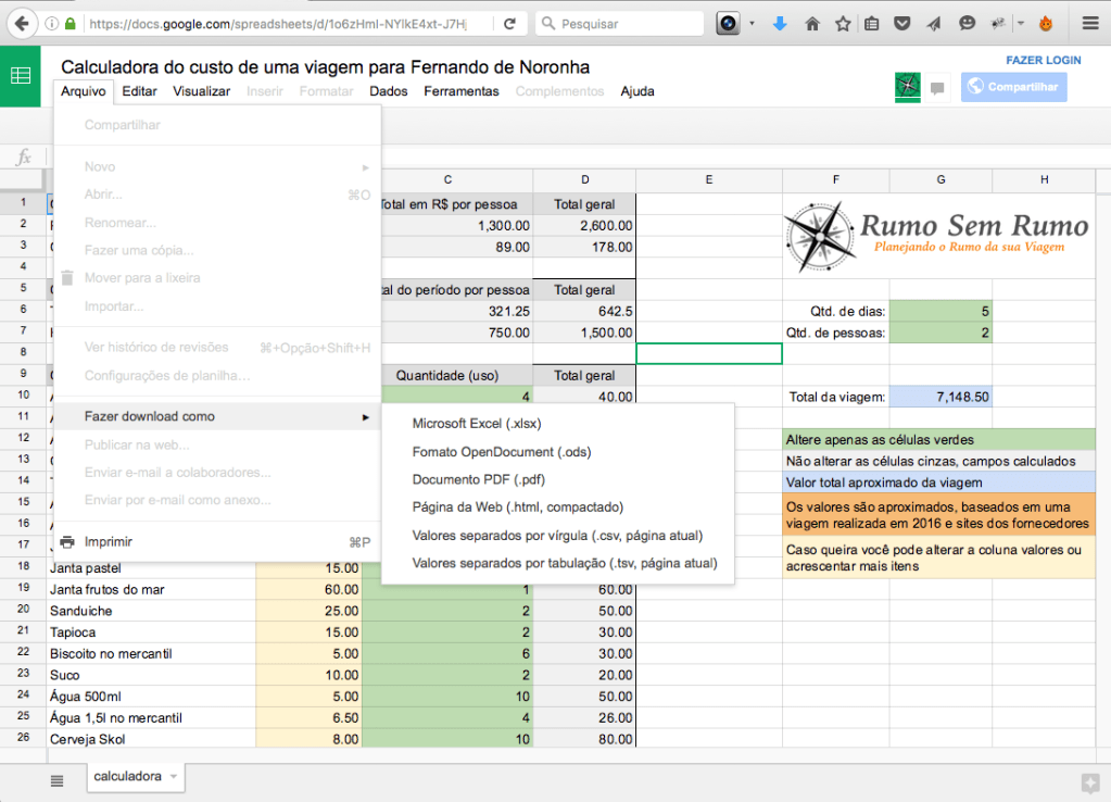 Escolha o formato do download que preferir: Excel ou OpenDocument
