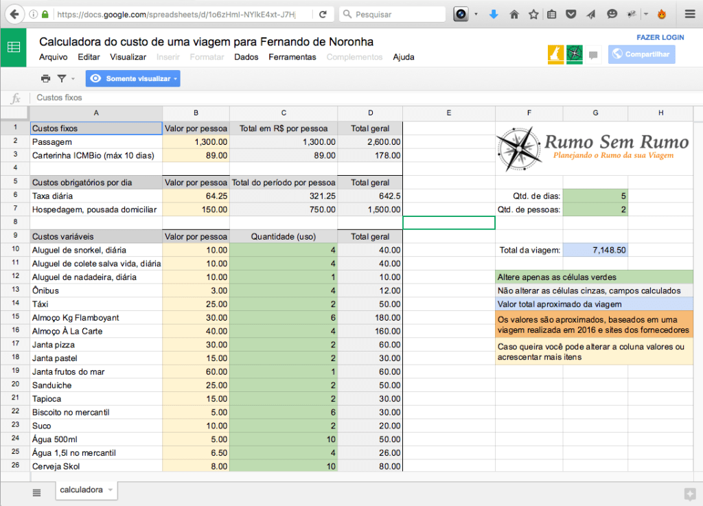 Calculadora custos Noronha